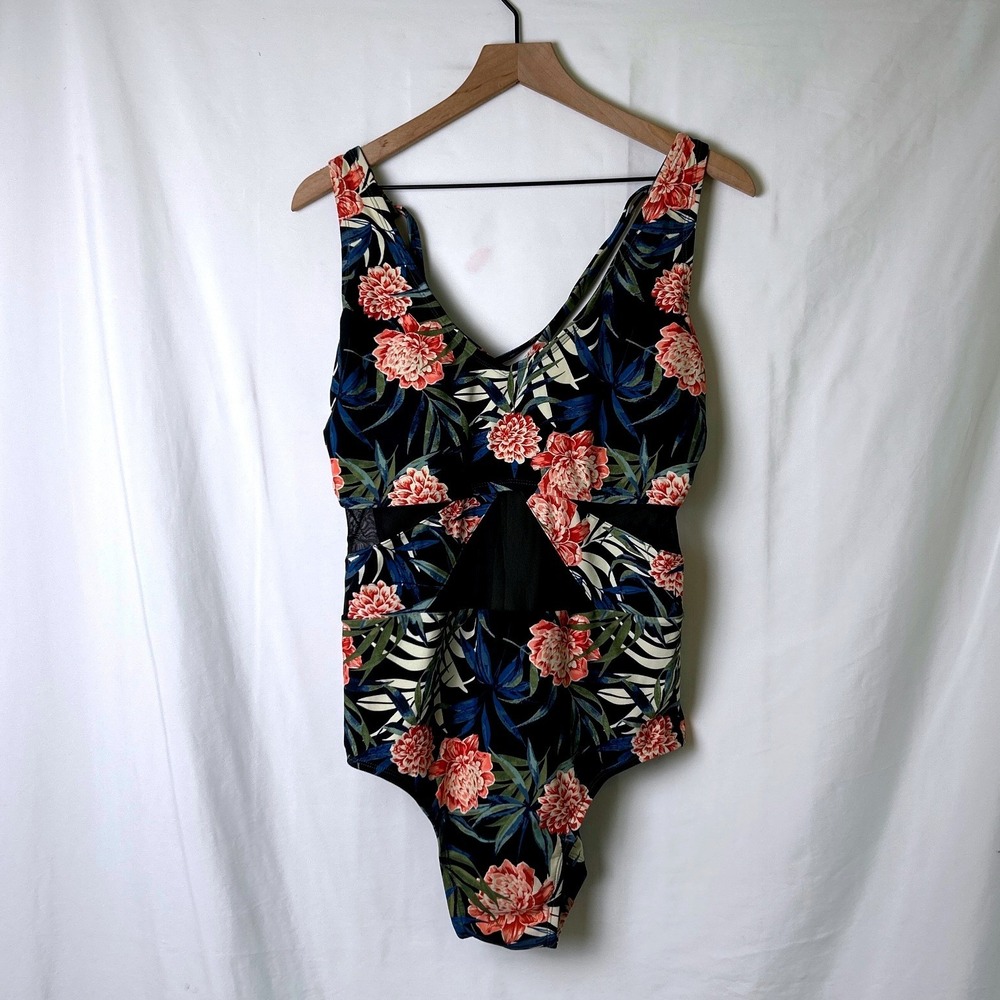 Tahiti Womens Floral Mesh Cutout Strappy Back One Piece Swimsuit Size 3X Black